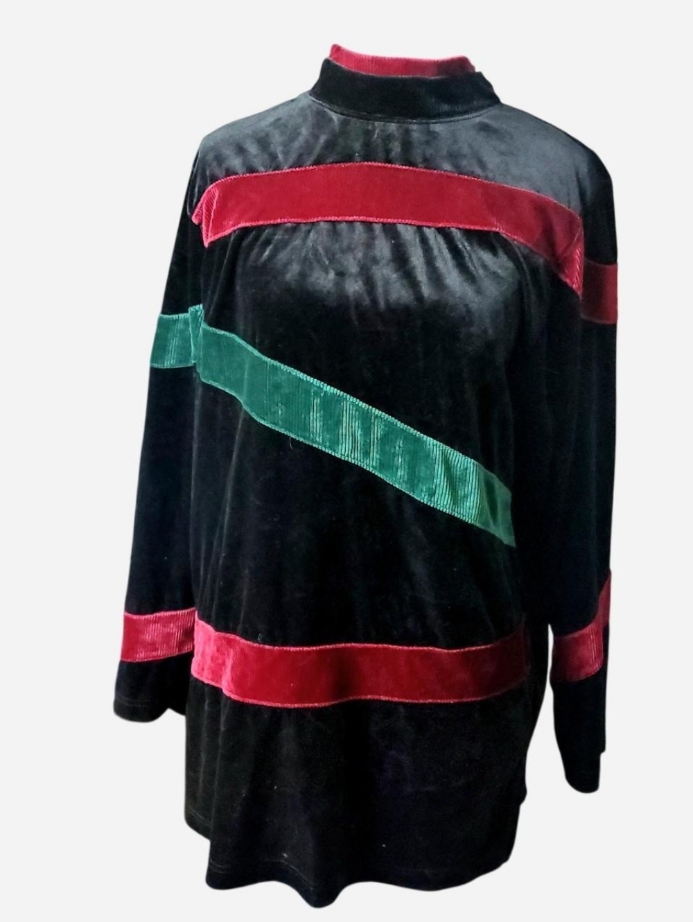 Vintage 80s Blast Sweater Womens Medium Black Red Green Striped Velvet Mock Neck